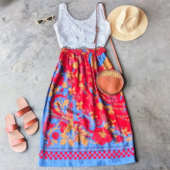 Vintage Dresses & Skirts - Vintage Umi Collections by Anne Crimmins Red Blue Patterned Silk Midi Skirt
